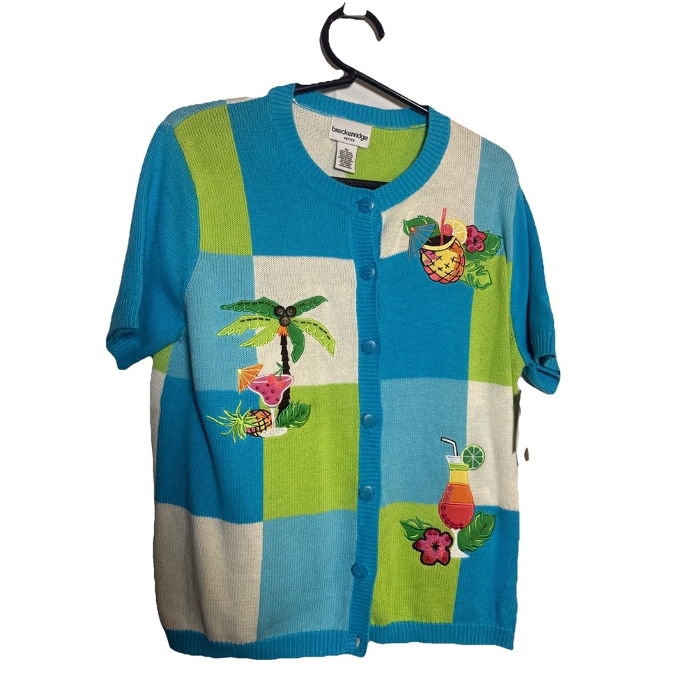 NWT Breckenridge Petite Cardigan PM‎ Island Breeze Tropical Drinks Palm Tree